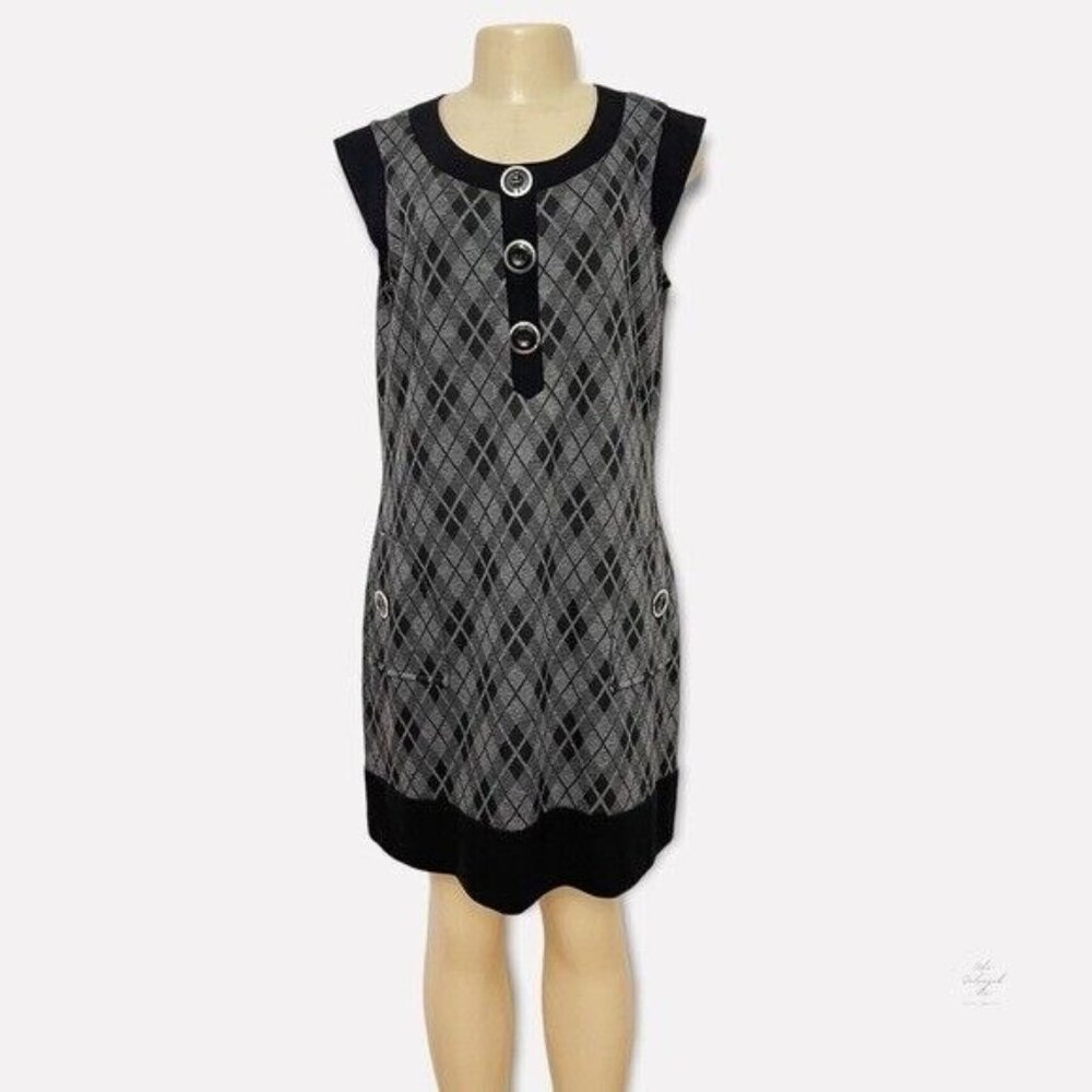 Nine West Sleeveless Gray Plaid Dress Black Short Sheath Big Buttons Pockets 12 - Picture 1 of 10